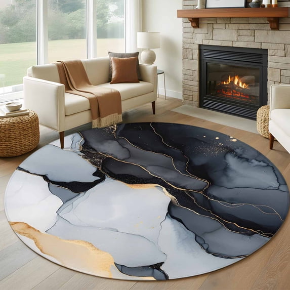 Black Marble Large Round Rug 8 FT, Non Slip Living Room Area Carpet, Modern Aesthetics Ink Painting Abstract Washable Soft Circle Rug Non-Shedding Floor Carpet for Bedroom Office Dining Room