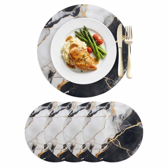 Black Marble Leather Placemats Set of 4, 12 Inch, Gold Line Modern ...