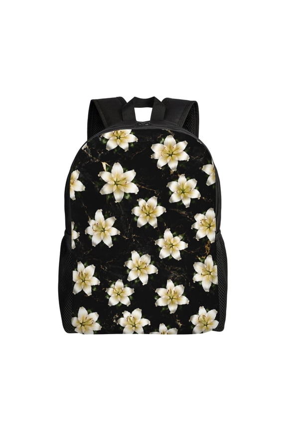 Black Marble Lily Floral Backpack Full Front Print Travel Laptop Bag for Men and Women