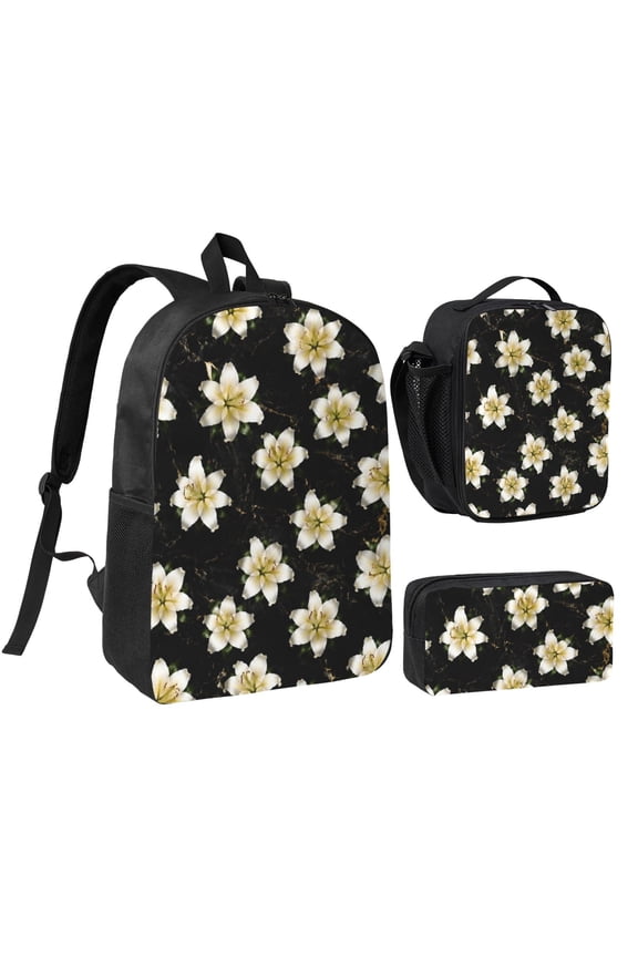 Black Marble Lily Floral Backpack Set 3pc Including Backpack, Lunch Bag and Pen Bag Combination