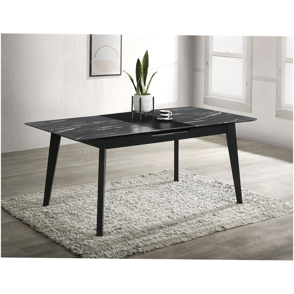 Black Marble Look Dining Table with Hidden Extension Leaf, Modern Fin Legs