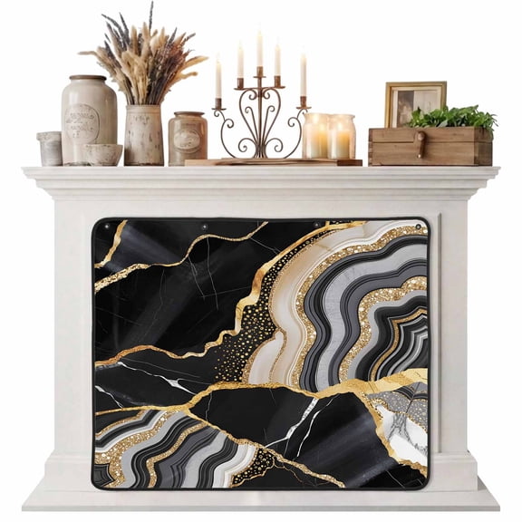 Black Marble Magnetic Fireplace Cover, Fireplace Draft Blocker, Grey Gold Texture Vintage Farmhouse Art Fireplaces Blanket for Heat Loss/Cold Air, Fireplaces Draft Stopper Cover for Inside 51"x39"