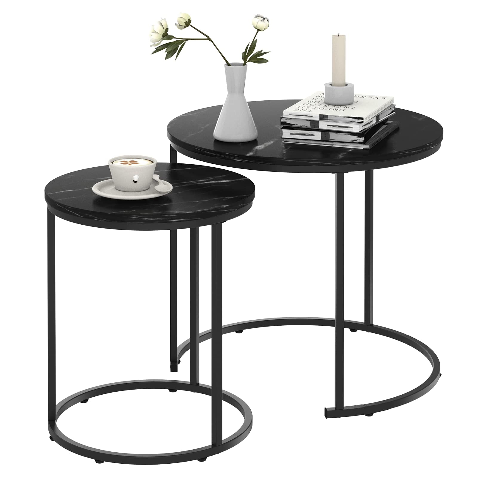 Black Marble Nesting Coffee Table for Small Place 24 in 2 Sets High Side End Sofa Table Nightstand Modern Furniture Living Room Cabin Bed Room Dining RoomGarden 4 You (Black Marble)