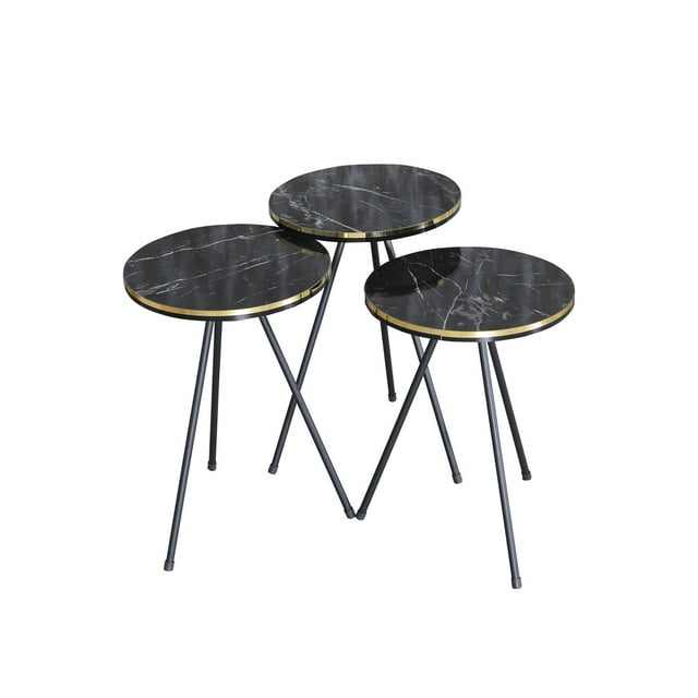 Black Marble Nesting Coffee Tables 3 PCS,Round Side Table With Black Metal Legs,Set of 3 Small Accent Table with Gold/Black Side Details, Nightstand Modern End Table for Living Room Bedroom