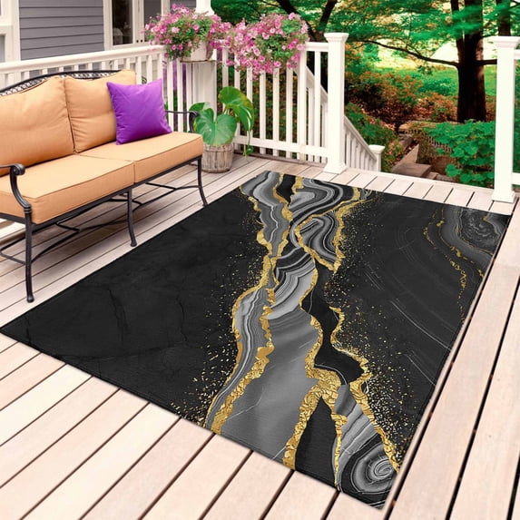 Black Marble Outdoor Rug for Patio/Deck/Porch, Non-Slip Large Area Rug 4 x 6 Ft, Gold Abstract Vintage Modern Grey Art Indoor Outdoor Rugs Washable Area Rugs, Reversible Camping Rug Carpet Runner