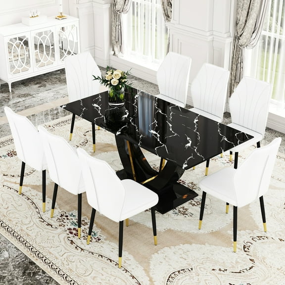 Black Marble Pattern Tempered Glass Dining Compilation For 8, 71"x35.4", 8 White Pu Chairs With Widened , Golden Metal Attract 71"x35.4" Configuration , Chairs, Magnificence