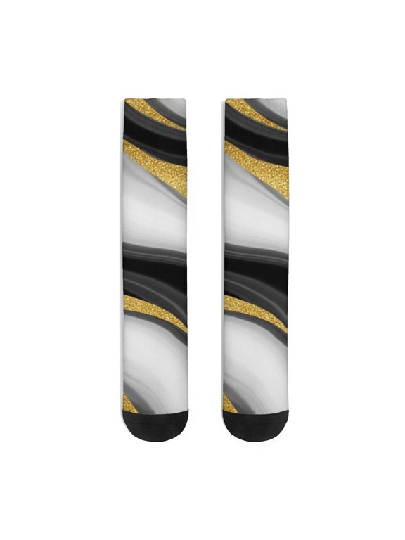 Black Marble Pattern Women's Crew Socks, Mid-calf Polyester Running Athletic Socks with Reinforced Heel & Toe, Breathable Durable Gifts Ideas for Sports Work Home