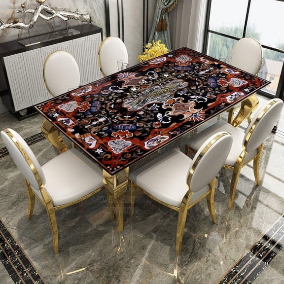 Black Marble Pietra Dura Dining Table Top | Handmade Semi-Precious Stone Inlay Work | Elegant Home Decor with Pietra Dura Art-36x60 Inch