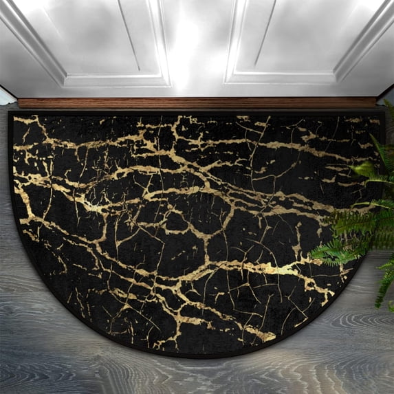 Black Marble Print Half Round Door Mat, Marble Non-Slip Half Circle Rug Doormats Absorbent Washable for Indoor Outdoor Kitchen Bedroom Home Decor 24"x36"