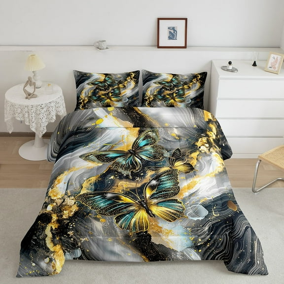 Black Marble Queen Comforter Set Teal Butterfly Bedding Set,Gold Marbling Down Comforter Abstract Ombre Ink Fluid Art Quilt Set Aesthetic