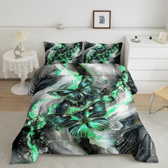 Black Marble Queen Comforter Set Teal Butterfly Bedding Set,Green Marbling Down Comforter Abstract Ombre Ink Fluid Art Duvet Insert Aesthetic