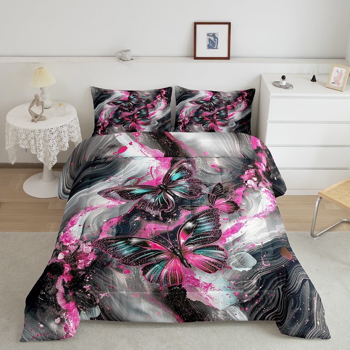 Black Marble Queen Comforter Set Teal Butterfly Bedding Set,Magenta Marbling Down Comforter Abstract Ombre Ink Fluid Art Duvet Set Aesthetic