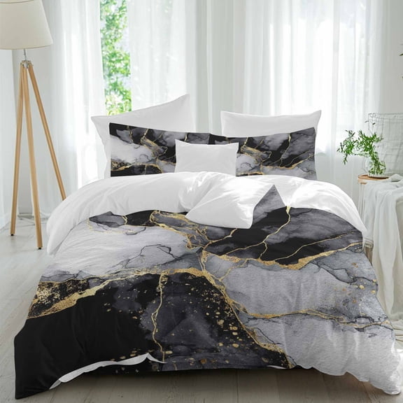 Black Marble Queen Size Comforter Set, Vintage Abstract Gradient Black White Marble Gold Crack Bedding for All Seasons, 4 Pcs Bed Set, 1Quiltcover (90"x92") ,1Sheet(94"x116"), 2Pillowcases (30"x20")