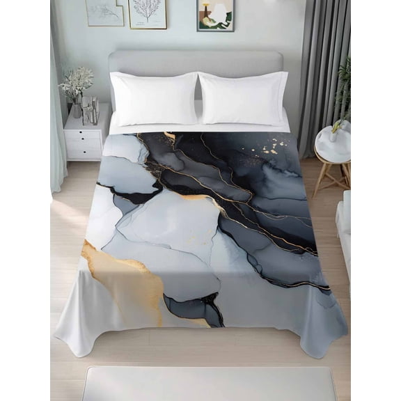 Black Marble Queen Size Flat Sheet, Wrinkleproof & Fadeproof Cooling Flat Bed Sheet Only, Modern Aesthetics Ink Painting Abstract Breathable Soft Bedding Top Sheets 90 x 102 Inches