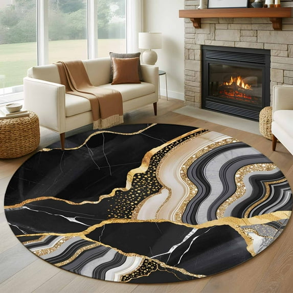 Black Marble Round Rug 5ft Washable Circle Kitchen Rugs Non Slip Grey Gold Texture Vintage Farmhouse Art Large Area Rug Indoor Floor Carpet for Bedroom Living Room Home Office Dining Room Nursery