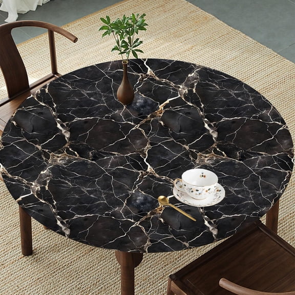Black Marble Round Tablecloth – Fitted Circle Table Cover with Elastic Edge, Waterproof & Washable Polyester Table Cloth for 35" to 42" Indoor/Outdoor Tables