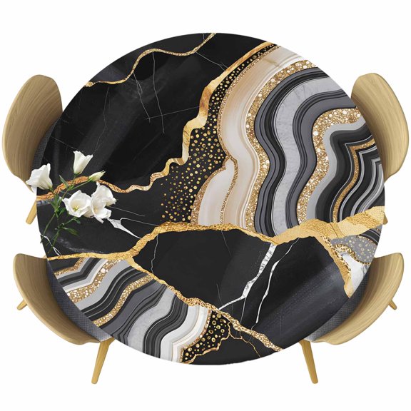 Black Marble Round Tablecloth, Fitted Table Cover with Elastic for 36"-44" Round Tables, Grey Gold Texture Vintage Farmhouse Art Table Cloth Outdoor Indoor Dinning Party Waterproof Tablecloths