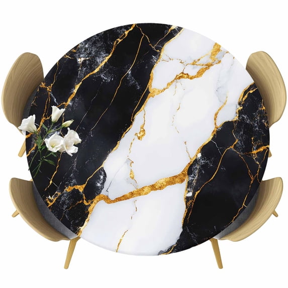 Black Marble Round Tablecloth, Fitted Table Cover with Elastic for 36"-44" Round Tables, Luxury Gold White Abstract Cracks Artwork Table Cloth Outdoor Indoor Dinning Party Waterproof Tablecloths