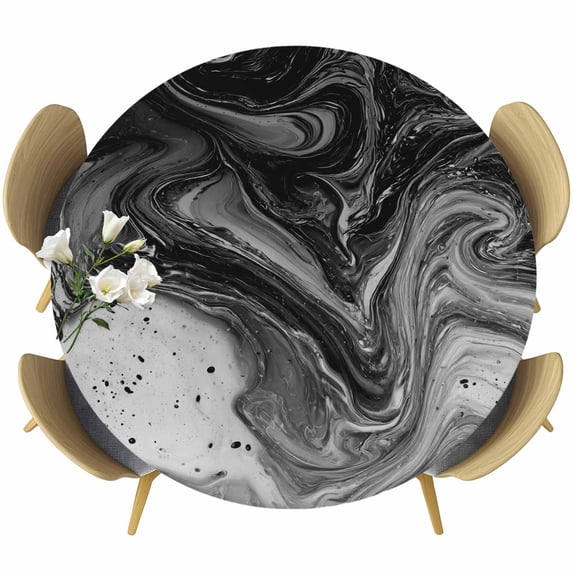 Black Marble Round Tablecloth, Fitted Table Cover with Elastic for 45"-54" Round Tables, Vintage Abstract Grey Fluid Aesthetic Table Cloth Outdoor Indoor Dinning Party Waterproof Tablecloths