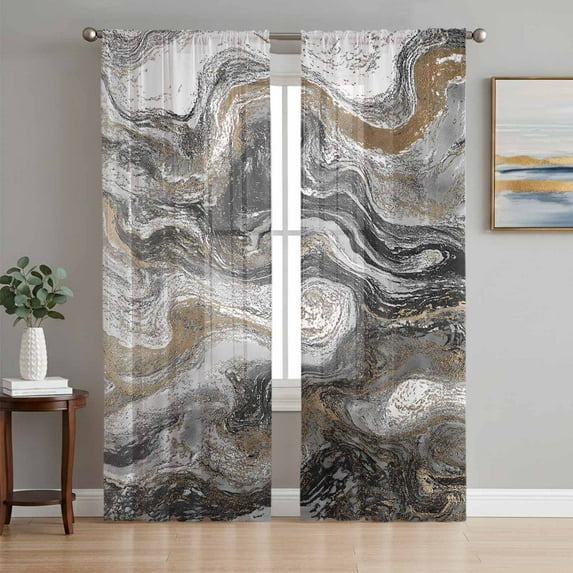 Black Marble Semi Sheer Curtains 108 Inch Length 2 Panels Set, Retro Chic Abstract Mottled Texture Art Sheer Kitchen Curtain Privacy Voile Window Curtain for Living Room Bedroom Rod Pocket Drapes
