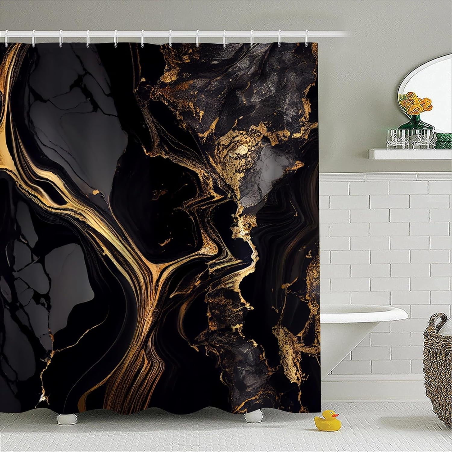 Black Marble Shower Curtain 72x72 inches for Bathroom Abstract Bathtub Room Partition Decoration Modern Gold Marble Waterproof Fabric Shower Curtains Set with Hooks