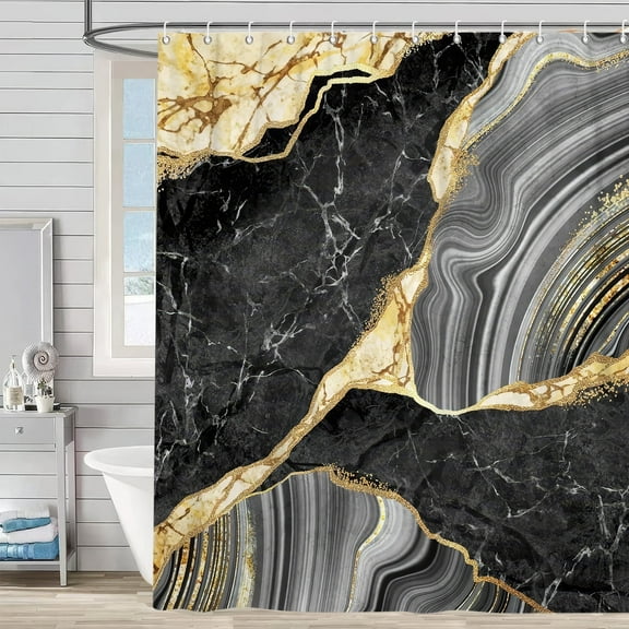 Black Marble Shower Curtain, Modern Waterproof Fabric Bath Curtain, Luxury Bathroom Decor with 12 Hooks, 72 x 72 Inch