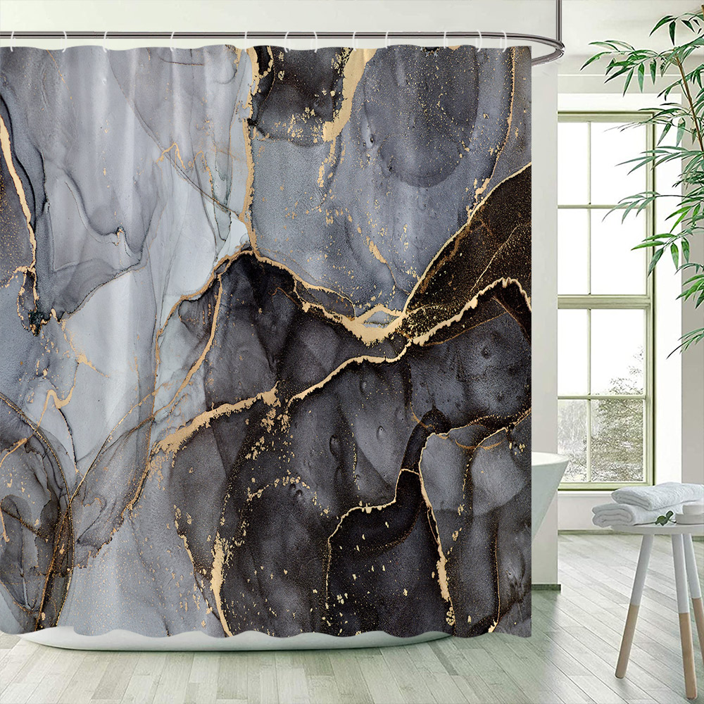 Black Marble Shower Curtain Set Gold Lines Abstract Textured Pattern