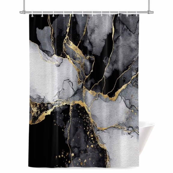 Black Marble Shower Curtain, Vintage Abstract Gradient Black White Marble Gold Crack Waterproof Shower Curtain Set with 12 Hooks Lightweight Bath Curtains Fabric Bathroom Decor 72x84 Inches