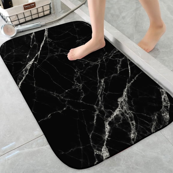Black Marble Soft Flannel Bathroom Rug 16"x24", Water Absorbent Non-Slip Bath Mat for Tub and Shower Room