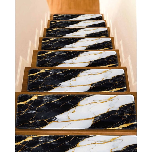 Black Marble Stair Treads for Wooden Steps Indoor Runner Rug Carpet, Luxury Gold White Abstract Cracks Artwork 7 Pieces Peel and Stick Staircase Step Treads Covers Washable Throw Door Mats, 30"x8"