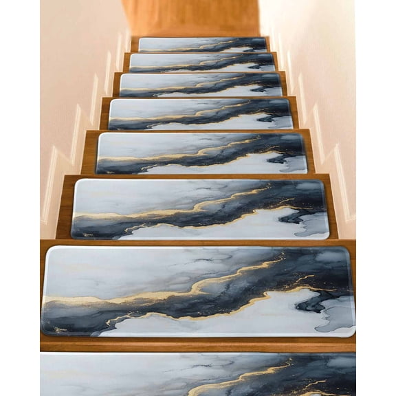 Black Marble Stair Treads for Wooden Steps Indoor Runner Rug Carpet, Modern Abstract Art Ink Painted 10 Pieces Peel and Stick Staircase Step Treads Covers Washable Throw Door Mats, 30"x8"