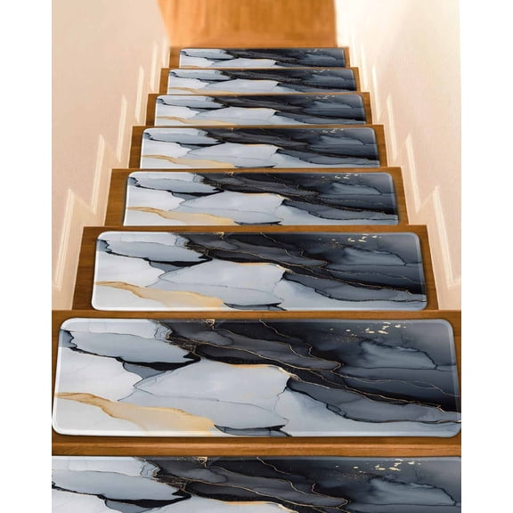 Black Marble Stair Treads for Wooden Steps Indoor Runner Rug Carpet, Modern Aesthetics Ink Painting Abstract 7 Pieces Peel and Stick Staircase Step Treads Covers Washable Throw Door Mats, 30"x8"