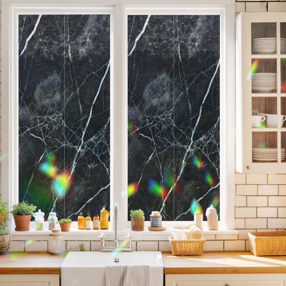 Black Marble Stone Texture Window Privacy Film Abstract Minimalist Modern Gray Flaw Texture Static Cling Stained Glass Window Film Non-Adhesive Decorative Decals Rainbow Sticker 17.7"X39.3"