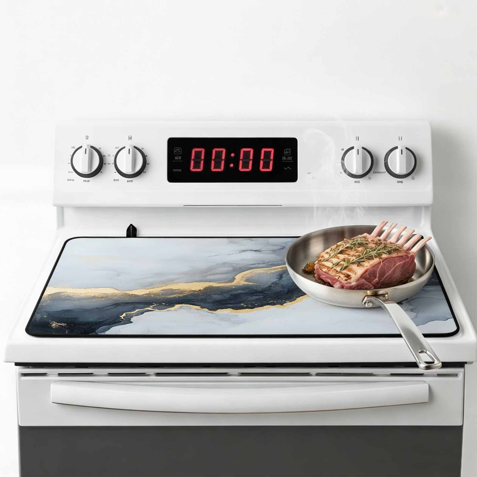 Black Marble Stove Top Cover for Electric Stove, Heat-proof & Non Slip Glass Top Stove Cover Protector, Modern Abstract Art Ink Painted Kitchen Flat Cooktop Rubber Mat 24x21 Inches