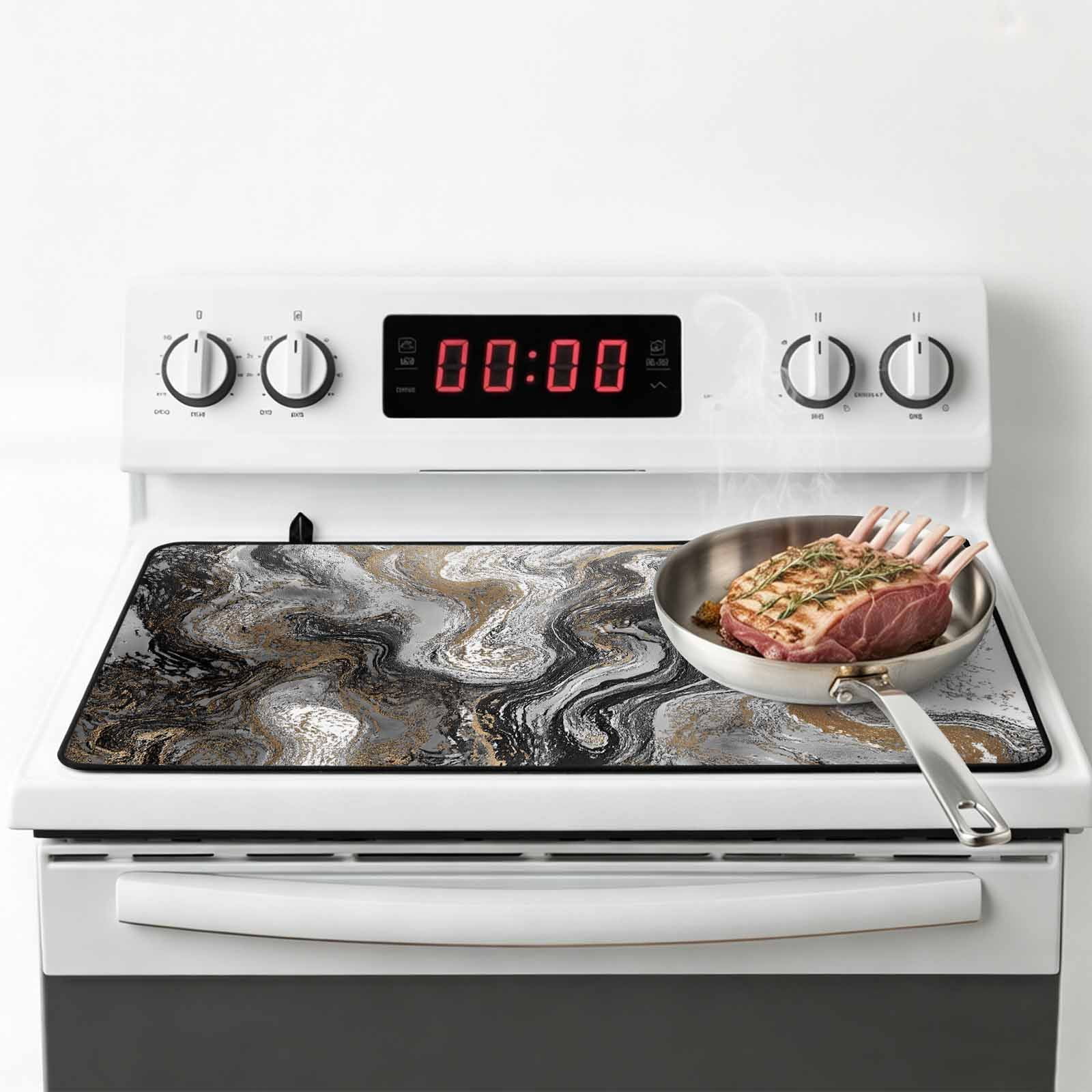 Black Marble Stove Top Cover for Electric Stove, Heat-proof & Non Slip Glass Top Stove Cover Protector, Retro Chic Abstract Mottled Texture Art Kitchen Flat Cooktop Rubber Mat 28.5x20.5 Inches