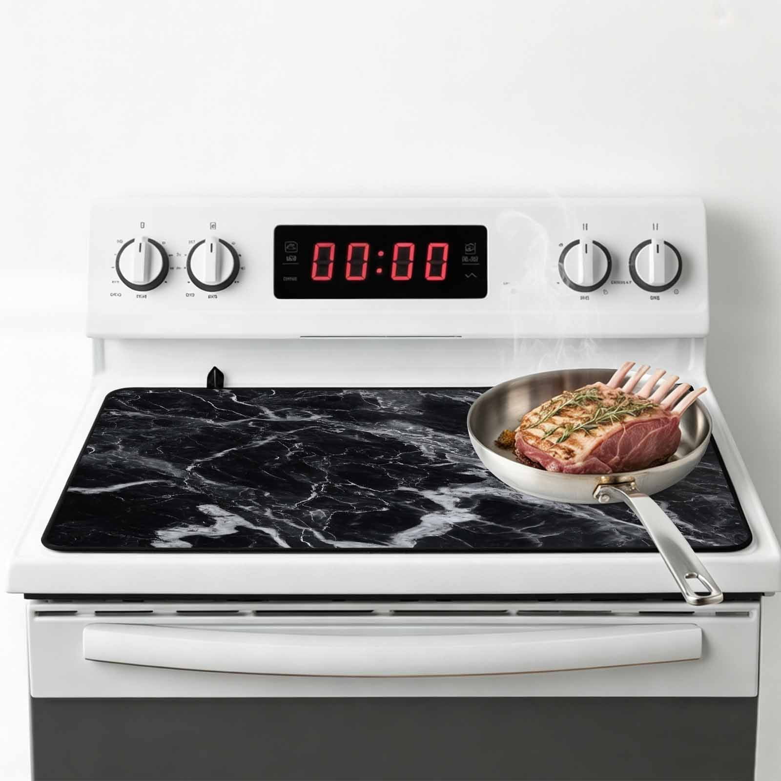 Black Marble Stove Top Cover for Electric Stove, Heat-proof & Non Slip Glass Top Stove Cover Protector, Vintage Minimalism White Abstract Texture Kitchen Flat Cooktop Rubber Mat 24x21 Inches