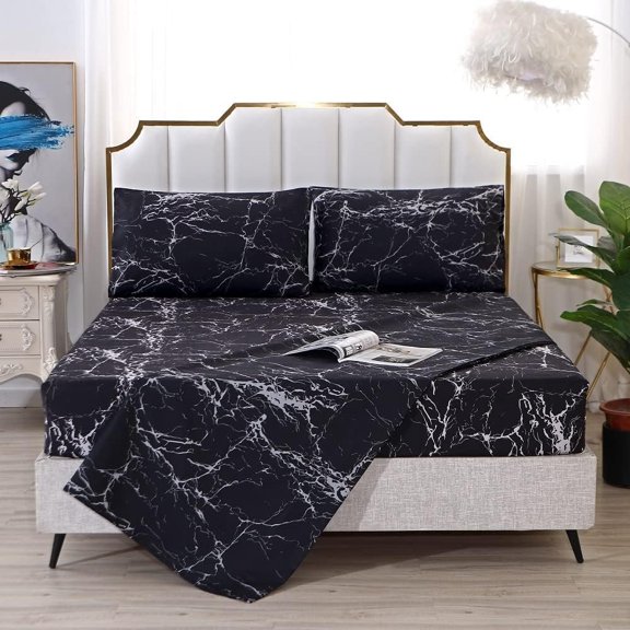 Black Marble, Super Soft Microfiber Bed Sheet 4 count, Marble Bedding Sheet Set Included 1 Fitted Sheet with 2 Pillowcases, 14 Inches Deep (, Black)