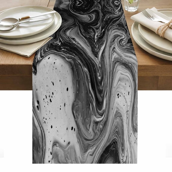 Black Marble Table Runner - 120 Inch Long, Kitchen Dining Table Runner Dresser Scarves, Vintage Abstract Grey Fluid Aesthetic Farmhouse Decor for Coffee Tables Wedding Party Banquet