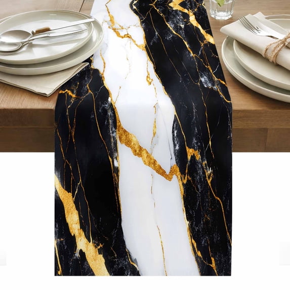 Black Marble Table Runner - 36 Inch Long, Kitchen Dining Table Runner Dresser Scarves, Luxury Gold White Abstract Cracks Artwork Farmhouse Decor for Coffee Tables Wedding Party Banquet