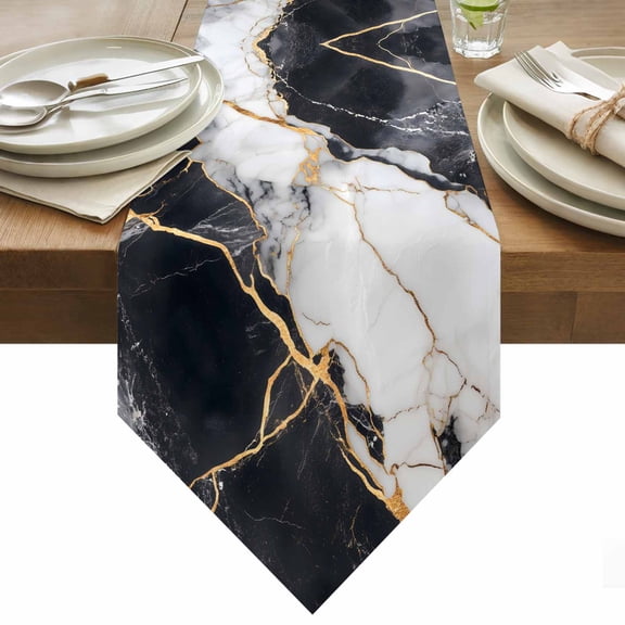 Black Marble Table Runner 36 Inches Long Gold Line Modern Abstract Minimalist Art Table Runners for Dining Room Tabletop Dresser Scarf Home Party Banquet Wedding Holiday Decoration