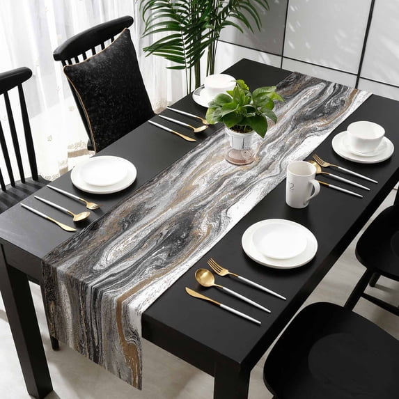 Black Marble Table Runner 70 Inches Long, Retro Chic Abstract Mottled ...