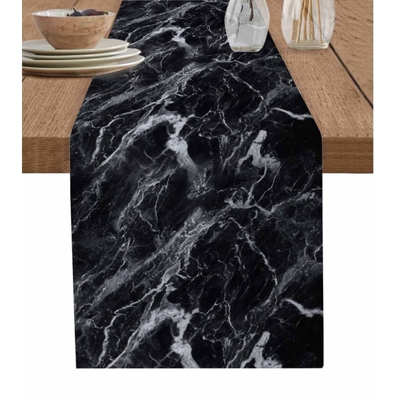 Black Marble Table Runner 70 Inches, Vintage Minimalism White Abstract Texture Bed Runner Dresser Scarves Tabletop for Indoor Outdoor Parties/Ceremony/Banquet, 13" x 70"