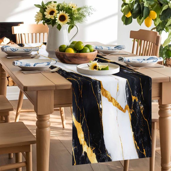 Black Marble Table Runner, Gold Foil Modern Washable Kitchen Table Runners Dress Scarves for Dining Table Decorations Party/Restaurant/Indoor Outdoor Use, 13x108in