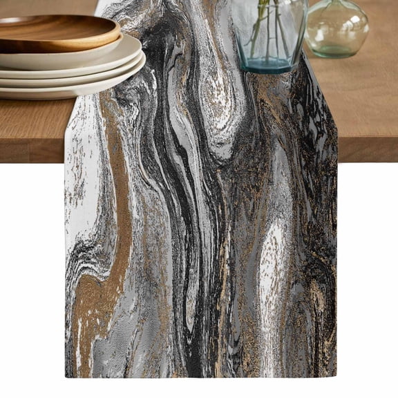 Black Marble Table Runner, Retro Chic Abstract Mottled Texture Art Washable Cotton Linen Table Runners 36 Inches Long, Dresser Scarf Runner for Nightstand/End Tables/Round Tables 13''x36''