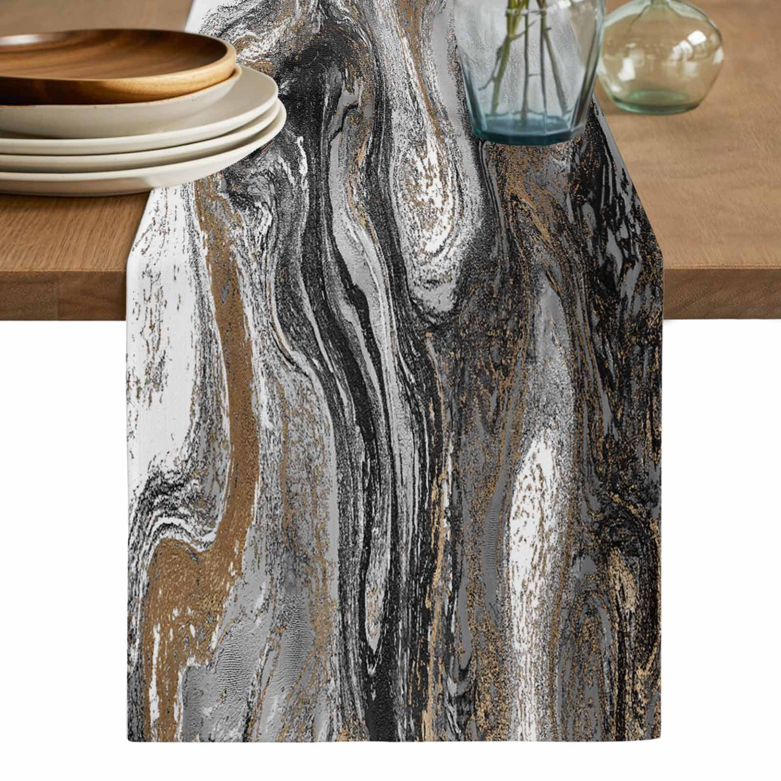 Black Marble Table Runner, Retro Chic Abstract Mottled Texture Art Washable Cotton Linen Table Runners 72 Inches Long, Dresser Scarf Runner for Dining/Coffee/Kitchen/TV Stands/Cabinets 13''x72''