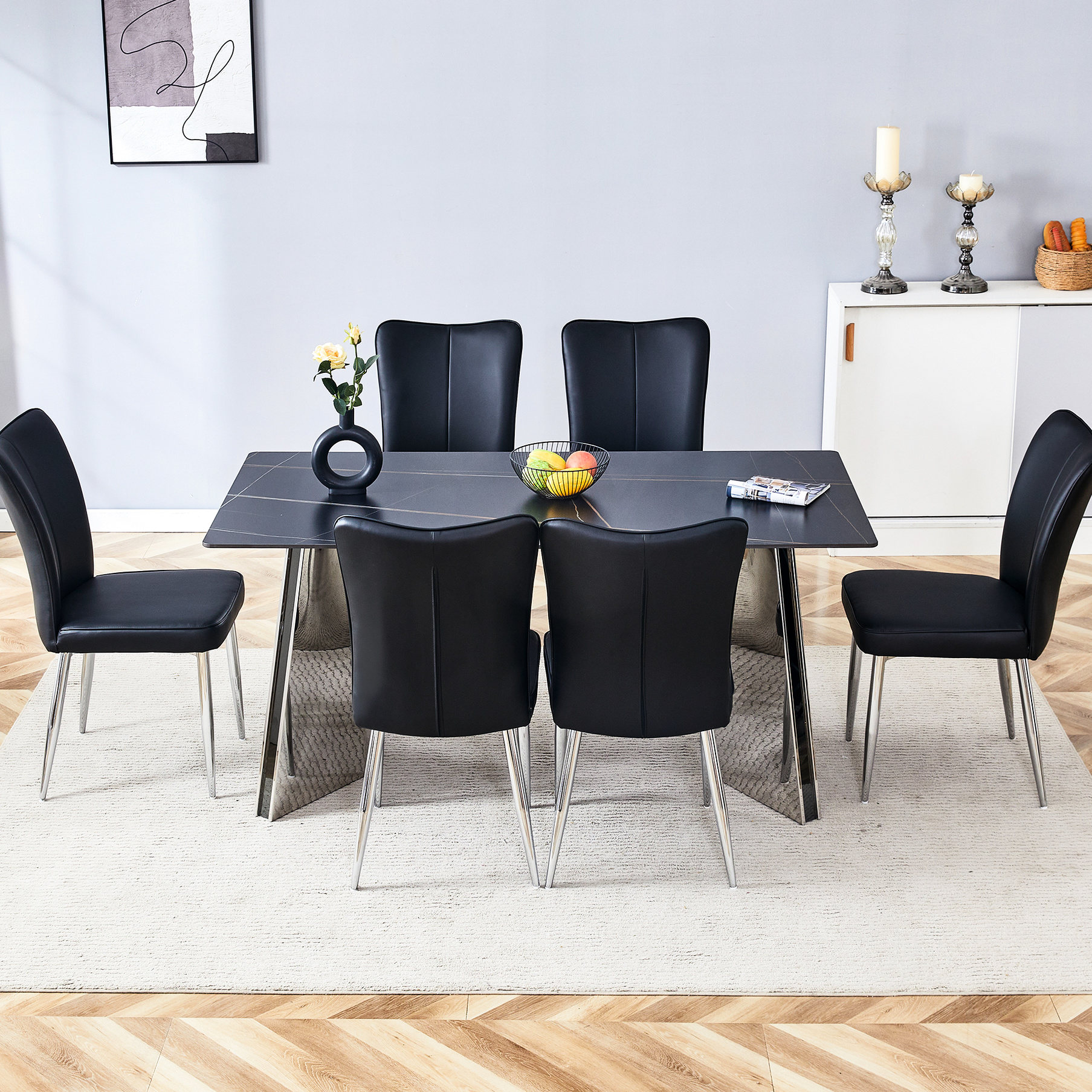 Black Marble Table Set with 6 Comfort-Promising PU Chairs for Family ...