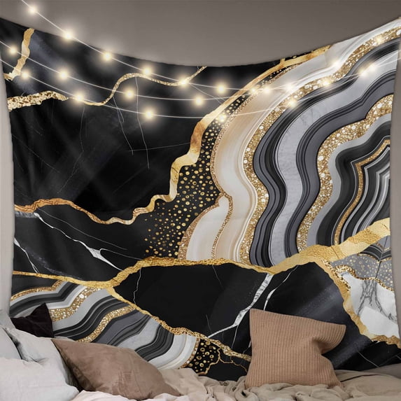 Black Marble Tapestry for Bedroom Wall Hanging Tapestry, Grey Gold Texture Vintage Farmhouse Art Ceiling Backdrop Tapestries Poster Blanket Wall Decor for Teens Room Living Room Dorm 39" x 59"