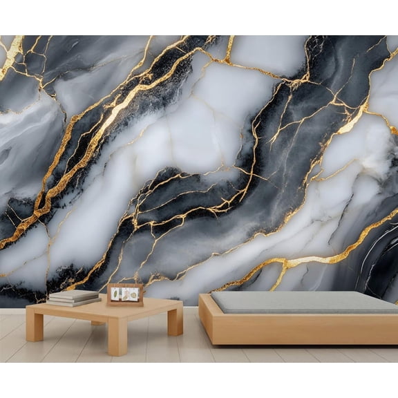 Black Marble Texture 3D Wall Murals Wallpaper, Abstract Golden Cracks Wall Poster Murals, Wall Painting Art Wallpaper For Living Room And Bedroom Home Decor 55"W x 28"H (Not Peel and Stick)