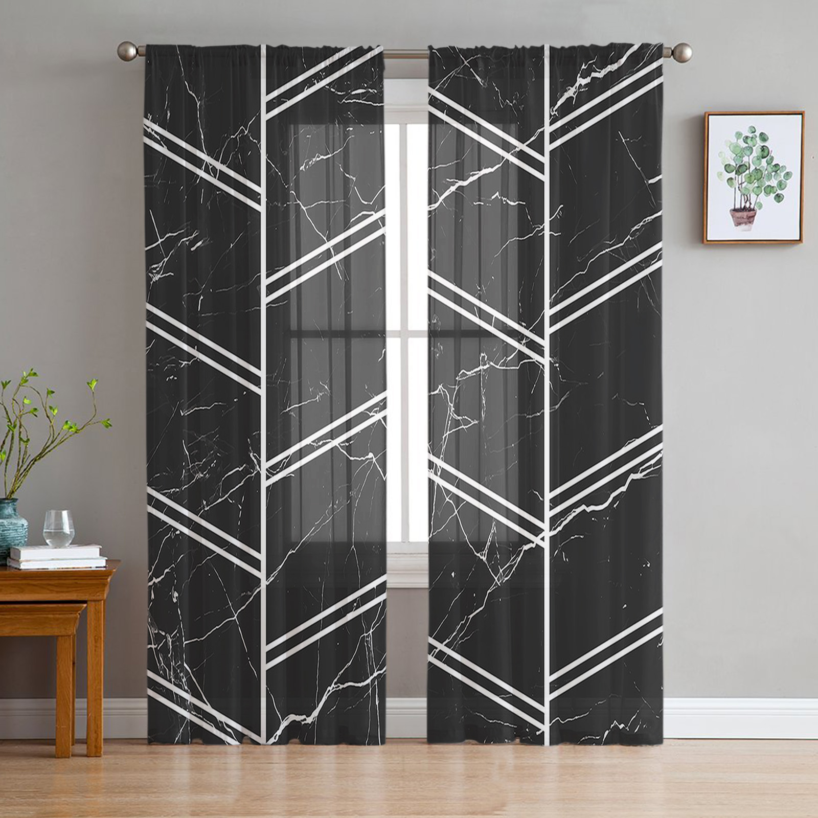 Black Marble Texture White Stripes Tulle Sheer Window Curtains for