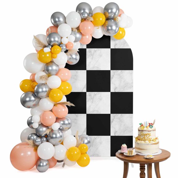 Black Marble Tiles Boho Arch Backdrop Cover 4 Ft Abstract White Checkered Geometric Plaid Spandex Fitted Stretchy Arch Cover, Round Top Chiara Backdrop Cover for Wedding Birthday
